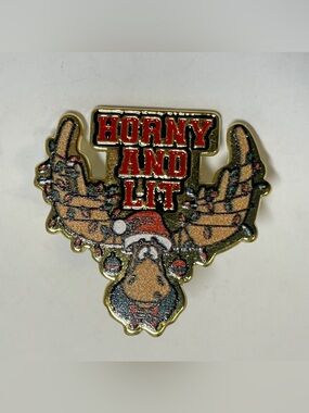 Funny Enamel Pin, Christmas Moose, “Horny & Lit”, Spencer’s Workshop, Snarky VTG